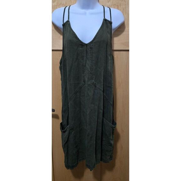 Abercrombie & Fitch Olive Green Distressed Strappy Pocket Dress L - Picture 1 of 6